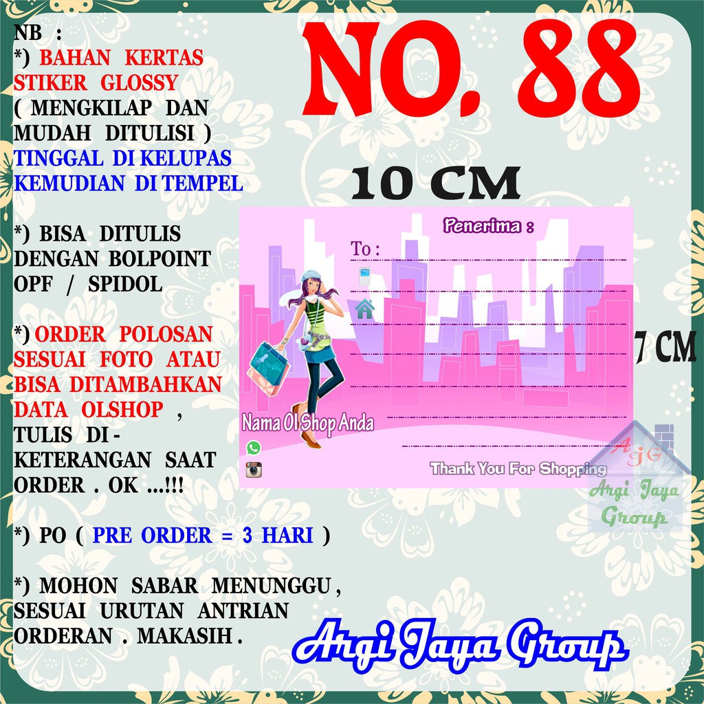 

Stiker Pengiriman - Sticker Alamat Olshop Murah Nomer 88 - 10x7 cm - Glossy