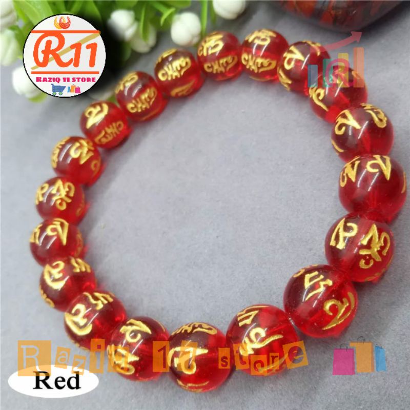 Gelang Batu Giok Mantra Budha Asli Warna Merah