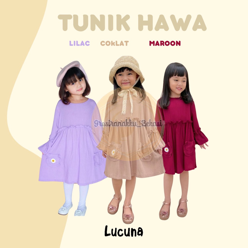 Tunik Anak Hawa Rayon Crinkle Lucuna Mix Warna Size 2-10thn