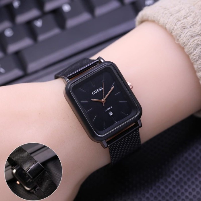 Jam Tangan Cewek guess kotak polos rantai pasir diameter 3cm Hitam Watch Anti Air Waterproof Jam Tan