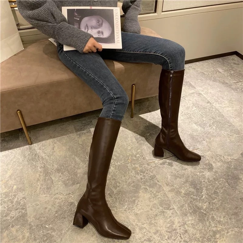 Leather High knee boots import wanita Dea sepatu overknee high knee boot cewek korea fashionable heels