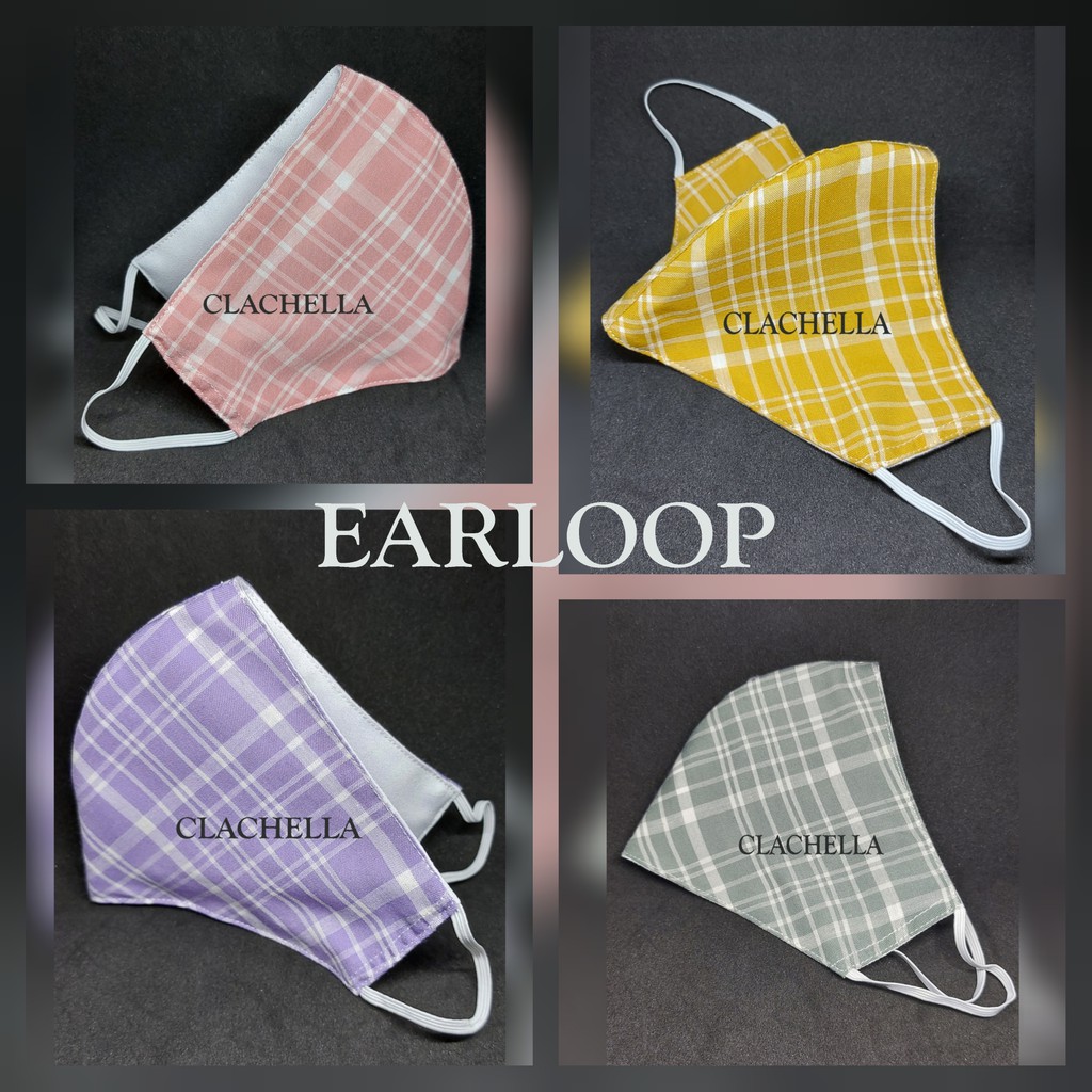 CLACHELLA MASKER KAIN MOTIF KOTAK, MASKER KAIN 3 LAPIS TALI KARET, MASKER HEADLOOP (HIJAB) &amp; EARLOOP