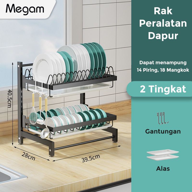 Megam Rak Piring Susun Rak Dapur Dinding Serbaguna Tempat Sendok Gelas Stainless Steel HRM112