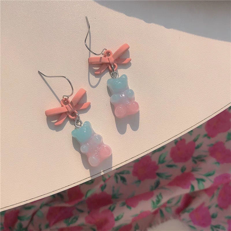 Buatan tangan ~ warna gradien bear anting-anting pink biru lembut gadis gaya Jepang kotak-kotak busu