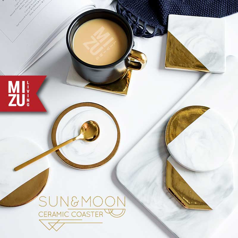 SUN &amp; MOON Ceramic Coaster Marble Motif Gold-Plated Rim Tatakan Gelas Keramik Marmer Sepuh Emas