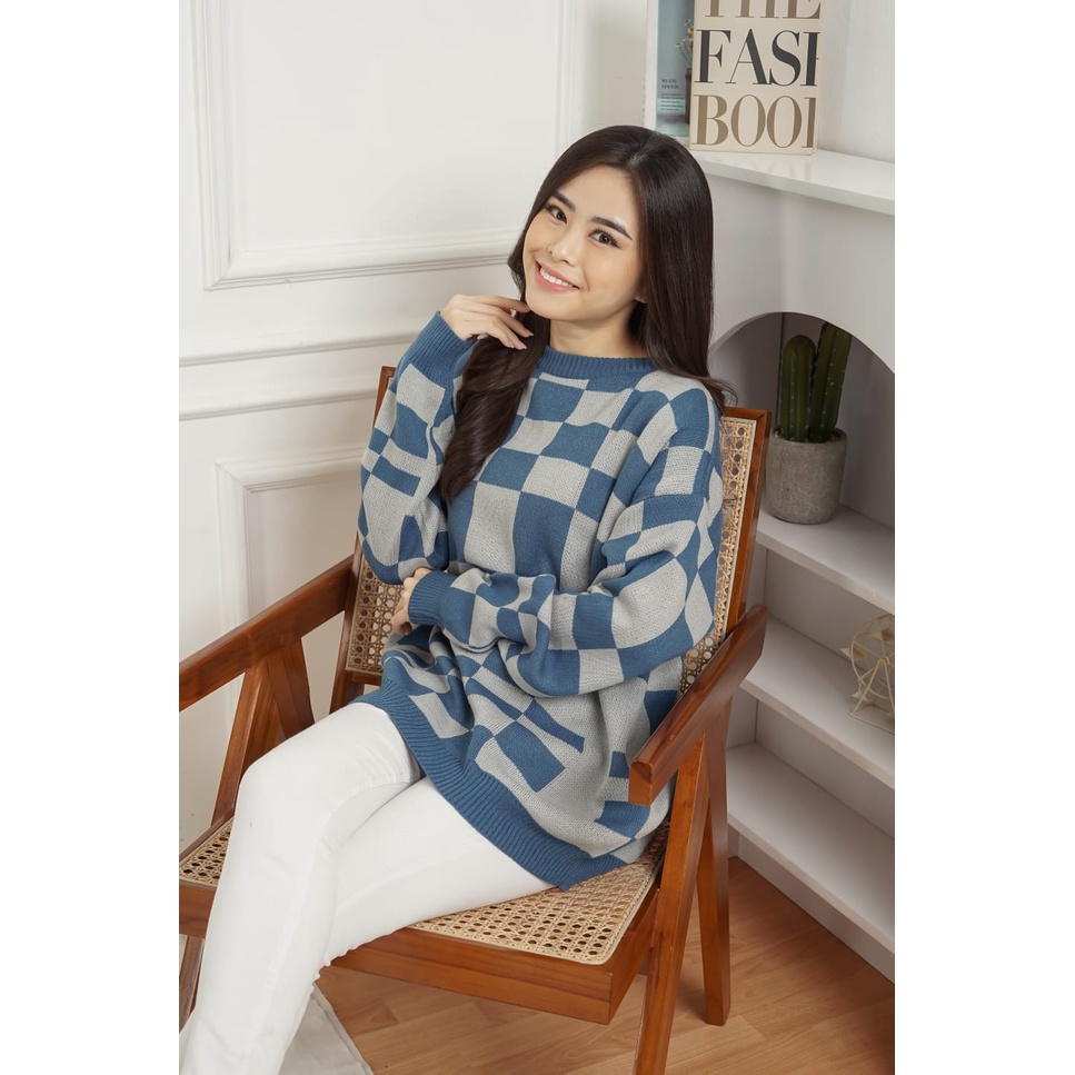 Jiny Checkered Sweater Top Motif Kotak Atasan Rajut Knit Import - K001