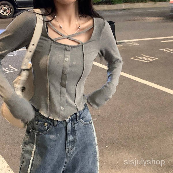 #Sisjuly#Atasan Wanita Ramping Lengan Panjang Ramping Cocok Untuk Semua T-shirt Bawahan Tipis Rampin