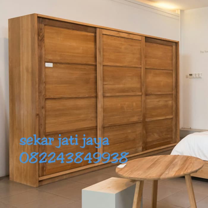 Lemari pakaian wardrobe minimalis pintu 3 sliding kayu jati jepara
