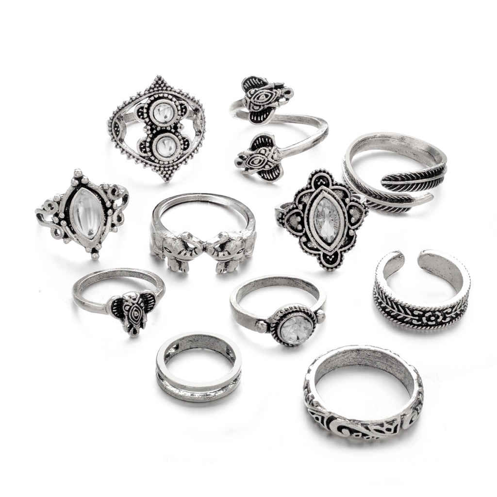 Eropa dan Amerika retro gaya etnik opal cincin jari joint kombinasi 11 potong cincin permata