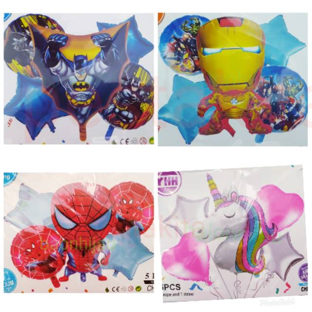 Set Balon Dekorasi Ulang Tahun Karakter / Batman / Iron Man / Spiderman / Unicorn ( isi 5 pcs )