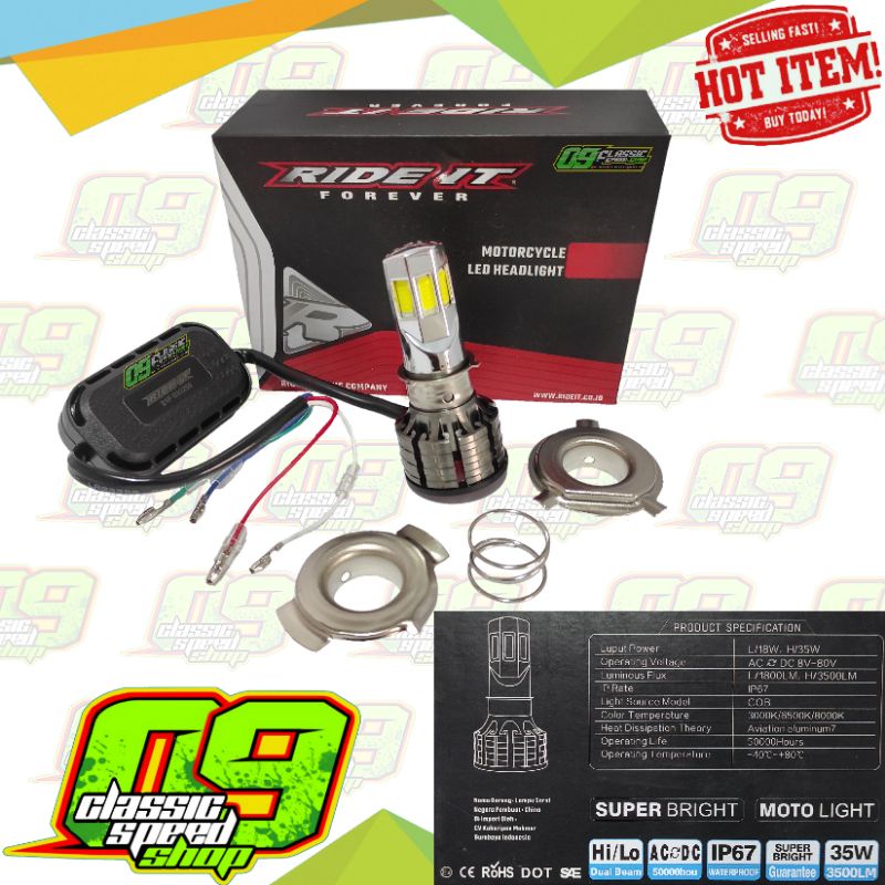 lampu bohlam dop Led Putih Ride iT 6 titik sisi Universal H6 H4 dll motor atau Mobil 35W Ac Dc