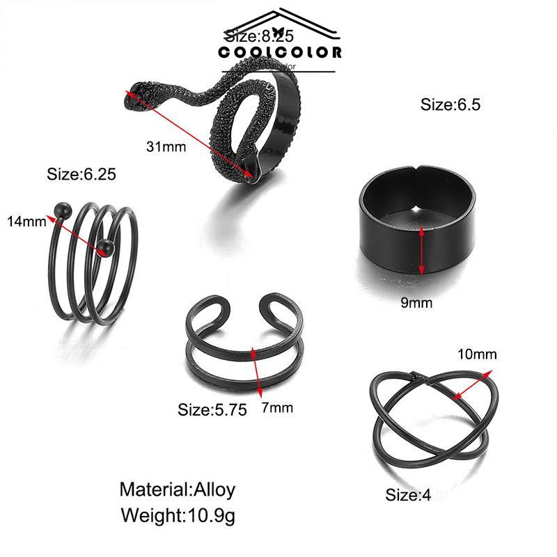 COD 5Pcs/Set  kreatif ms. Jane cincin wanita menggabungkan cincin ular hitam geometri- cl