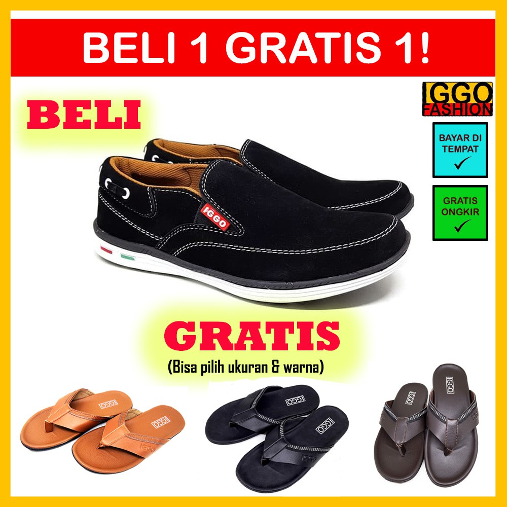 IGGO PAKET BUNDLING SEPATU MEN BASIC BLACK + 1 SANDAL SINGLE STRAP