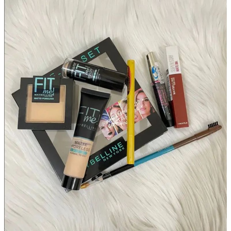 Paket 7 in 1 Maybelline Fit Me Ungu Make Up Set / Bedak / Foundation / Contour / Lipcream / Mascara 