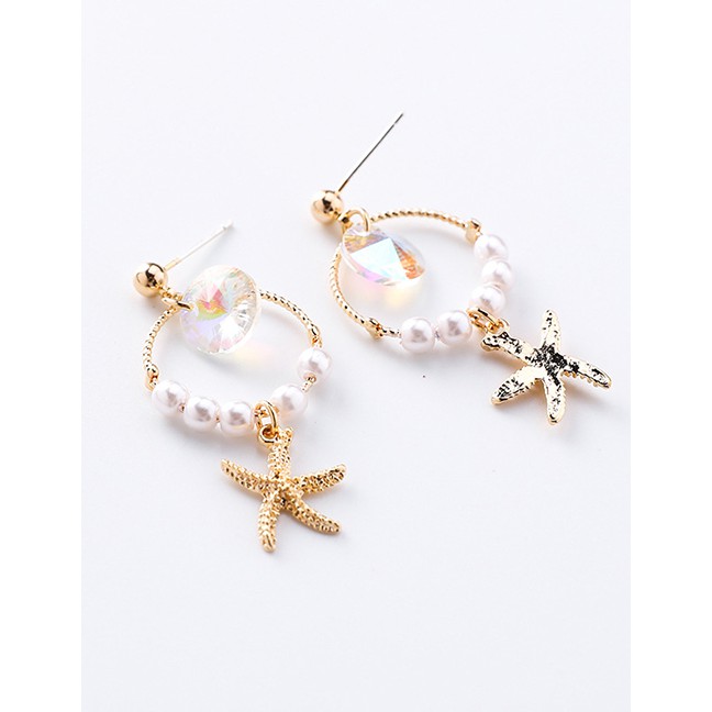 LRC Anting Tusuk Fashion Gold 925 Silver Needle Crystal Pearl Ring Starfish Earrings F54846