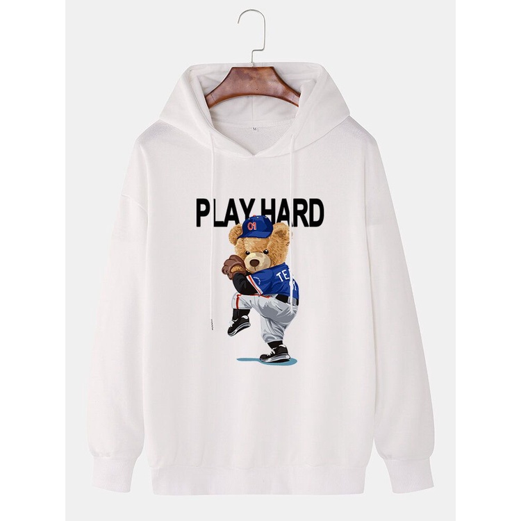 HOODIE UNISEX OVERSIZE PLAY HARD BASEBALL BEAR /// JUMPER UNISEX SIZE M TO XXL FLEECE TEBAL PREMIUM KEKINIAN TERBARU''