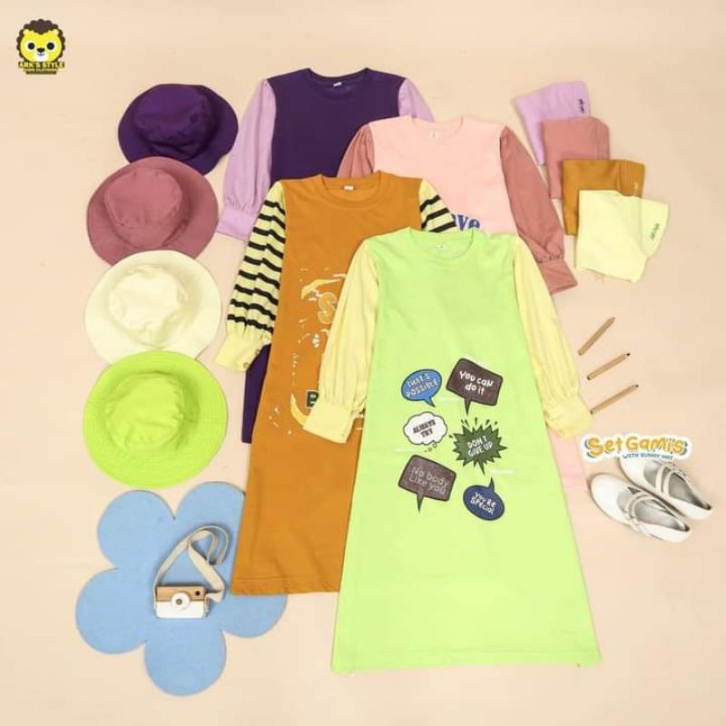 [READY] Set Gamis with Sunny Hat by ark's Style, Size 4-12T,  Gamis + Kerudung + Topi, Gamis anak