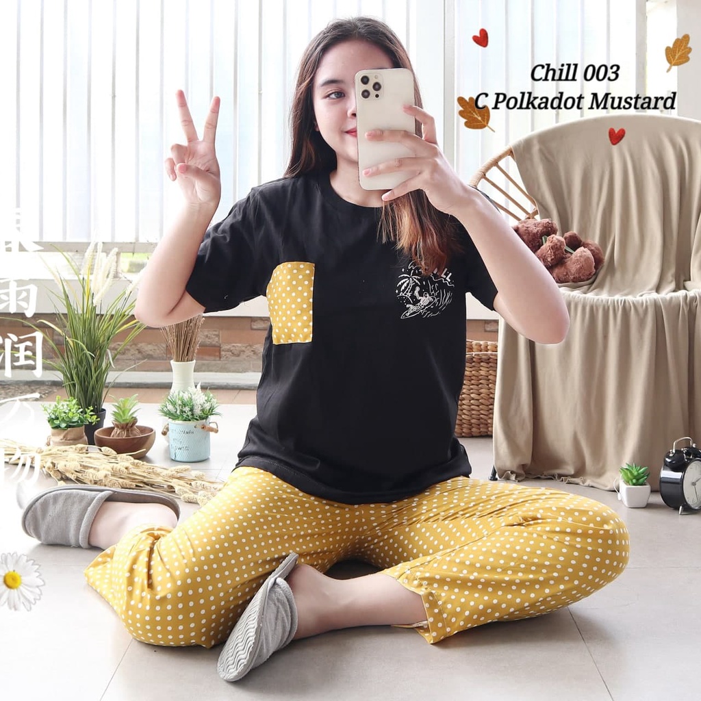 IZANY Piyama Dewasa Size S/ CP Atasan kaos Tebal-CHILL 003 POLKA MUST