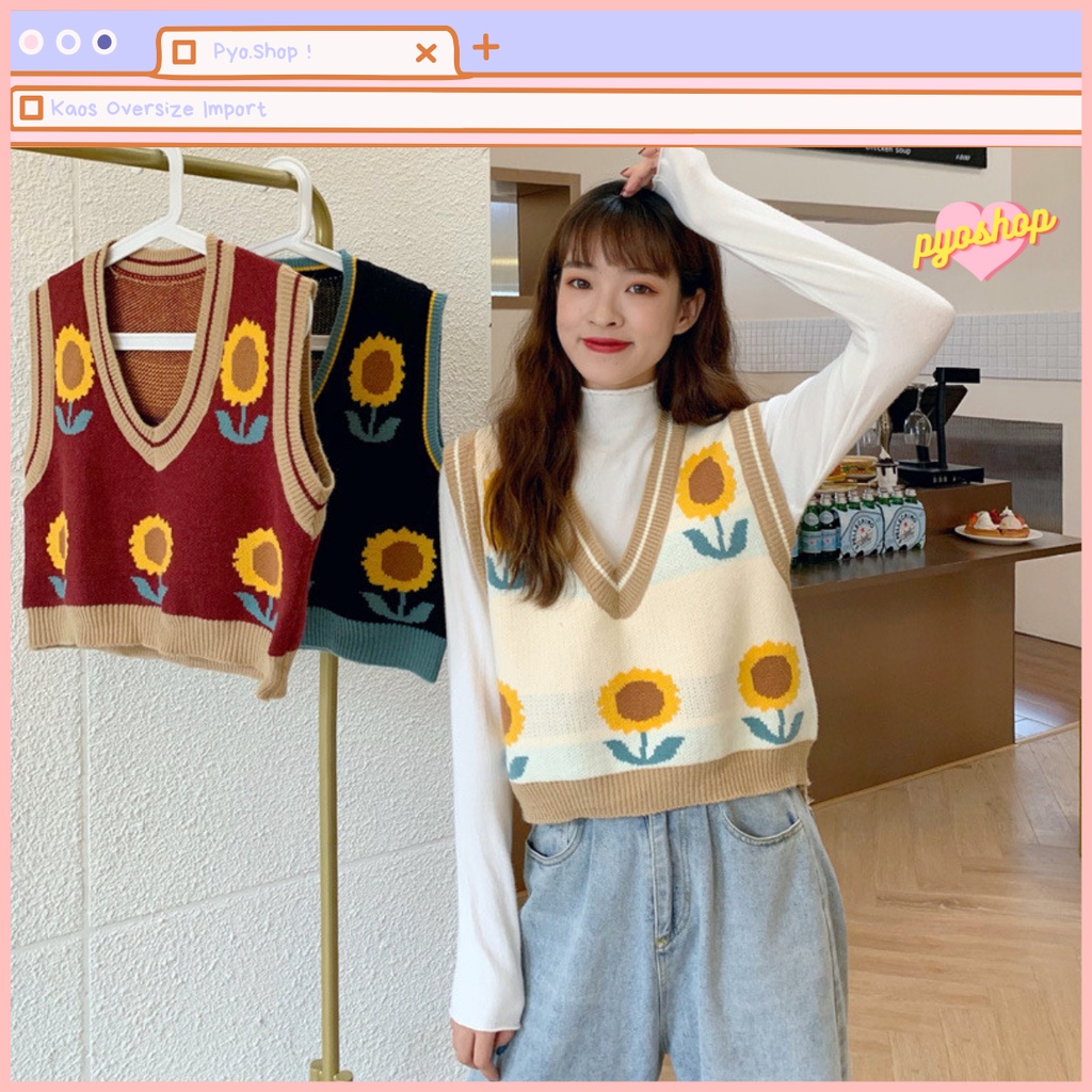 SUNNY KNIT VEST Rajut Bunga Matahari Lembut Wanita Outer