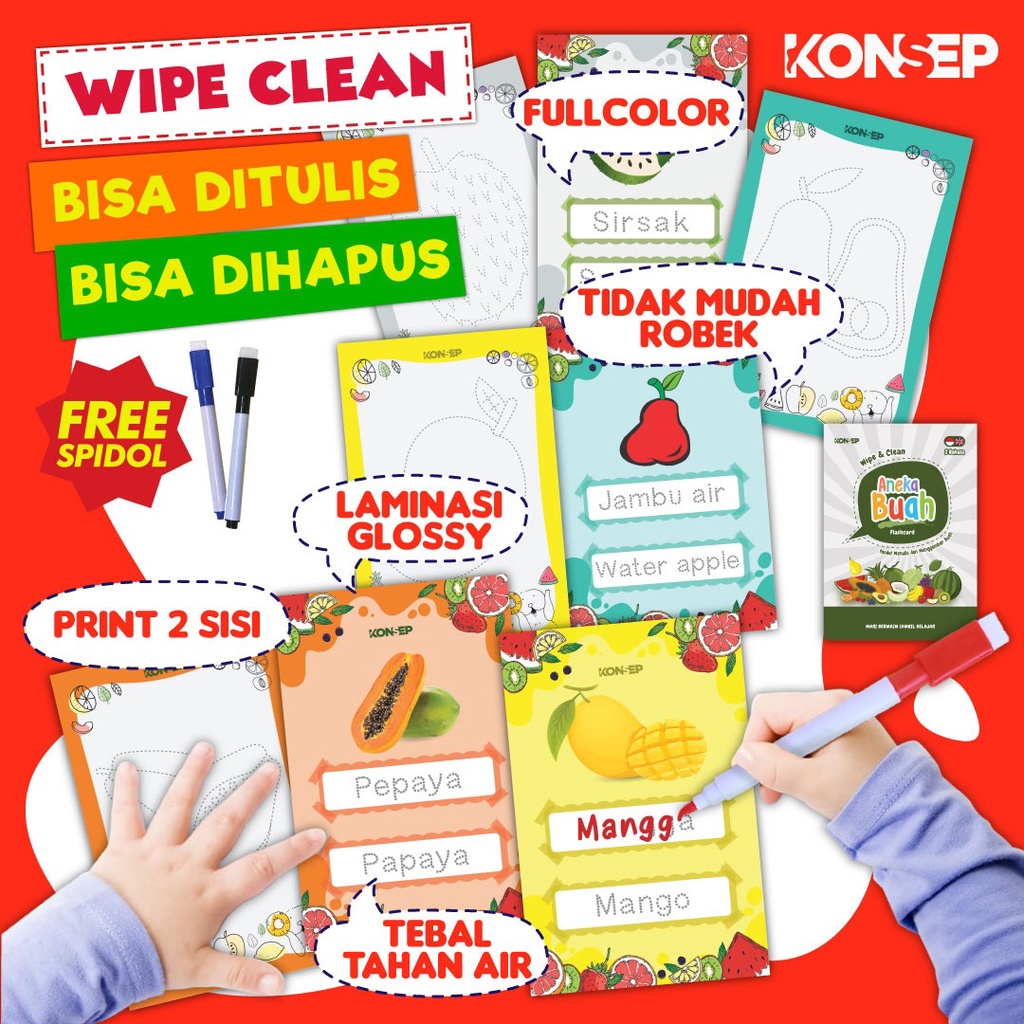 [FREE SPIDOL] Konsep Flashcard Wipe and Clean Aneka Buah / Flash Card / Mainan Edukasi