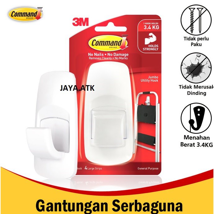 GANTUNGAN PLASTIK PENGAIT KAIT JUMBO 3M COMMAND 17004 HOOK TEMPEL SERBAGUNA KUAT 3,4 KG