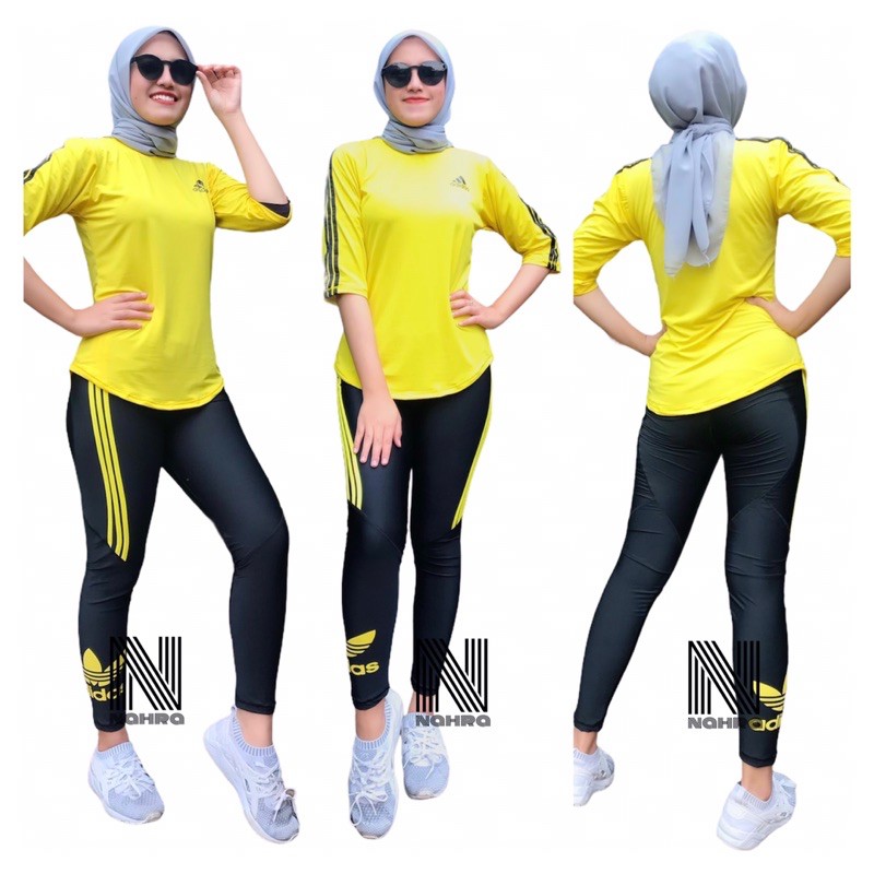 Setelan Baju Senam OlahRaga Wanita Kuning Hitam Variasi 3 List