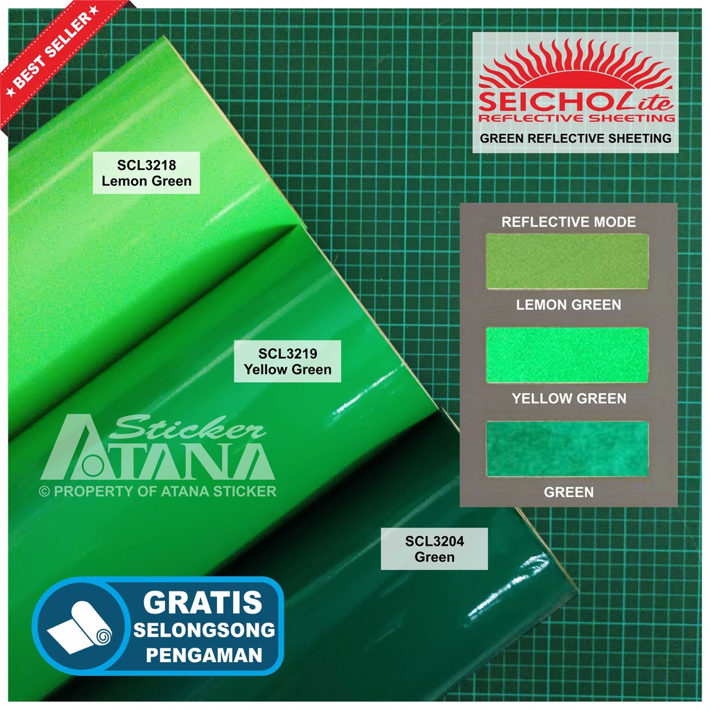 Bahan Stiker Cutting Hijau Skotlet Reflektif Fosfor Green Seicholite Reflective Sheeting Nyala Printing Sticker Material Scotchlite Scolite Scotlet Sechotlite Memantulkan Cahaya Flash Malam Hari Mata Kucing Mesin Plotter