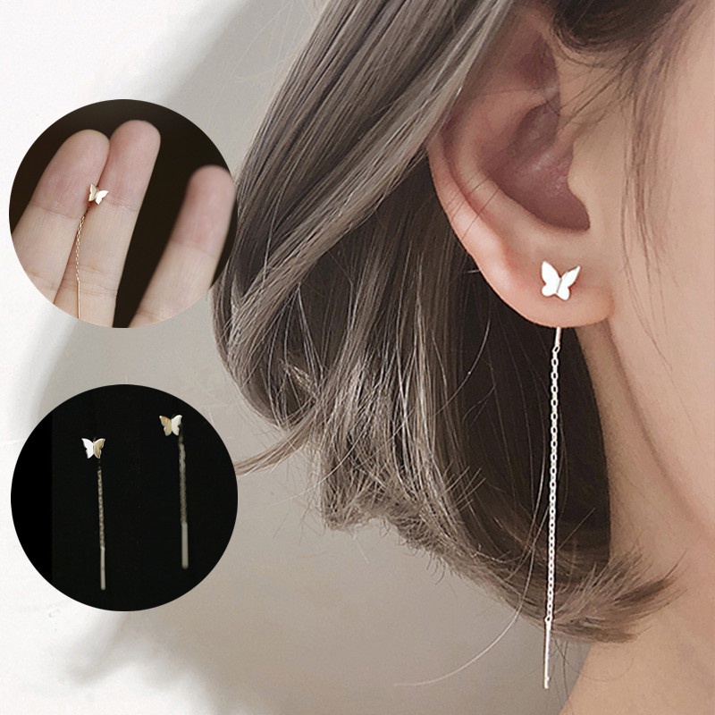 Anting Rumbai Panjang Desain Kupu-Kupu Warna Silver Untuk Wanita