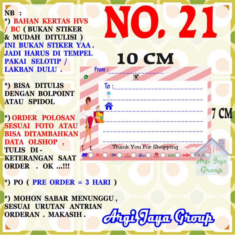 

Label Pengiriman Alamat Olshop Murah Nomer 21 - 10x7cm - Kertas BC (Manila)