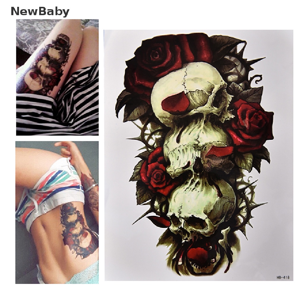 Newbaby Stiker Tattoo Temporer Motif Tengkorak + Bunga Mawar Anti Air Untuk Lengan / Tubuh Bayi