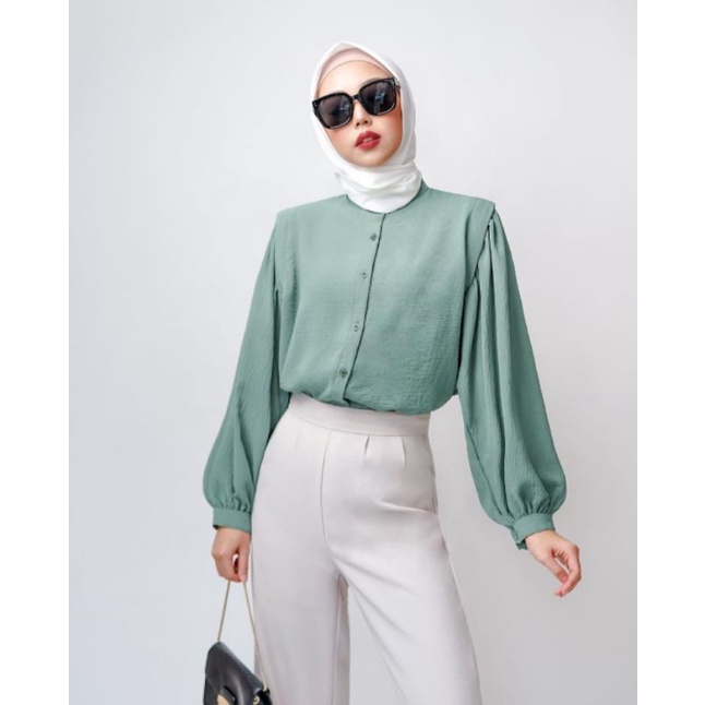 Aisa Blouse Crinkle Fit to XL Premium Kemeja Formal Kerja / River Blouse Crinkle Krah Sanghai Kemeja Wanita Polos-AISA TEAL