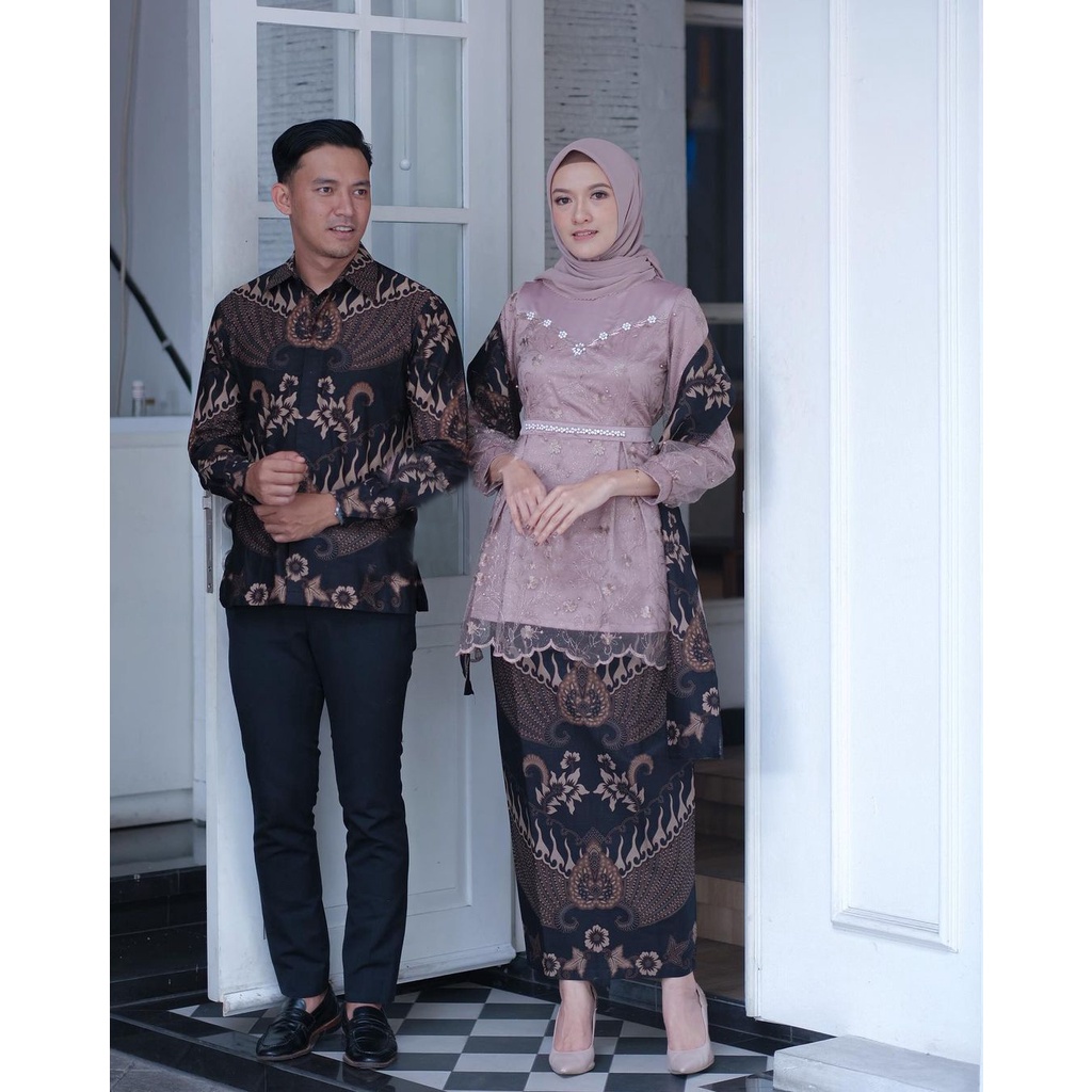 SHOPASHOP SOLO Batik Kebaya Couple Fujina Payet Tulle mutiara / Kebaya Tunangan/ Kebaya Wisuda/ Couple Kondangan/ Couple Engagement