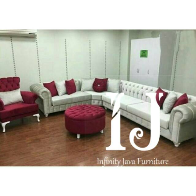 Set Sofa Sudut Chesterfield Merah Putih