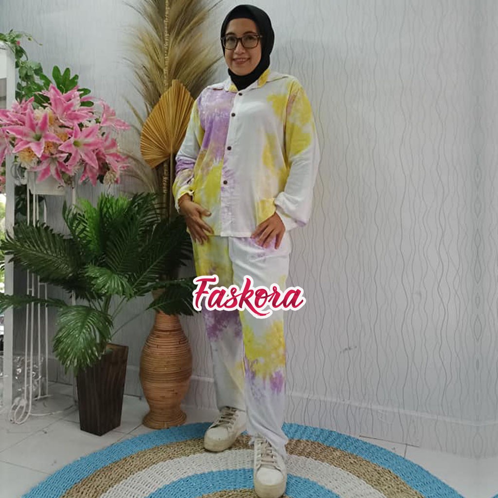 One Set Kemeja Tie dye Wanita Lengan Panjang / Piyama Rayon Jumbo Set Lengan Panjang