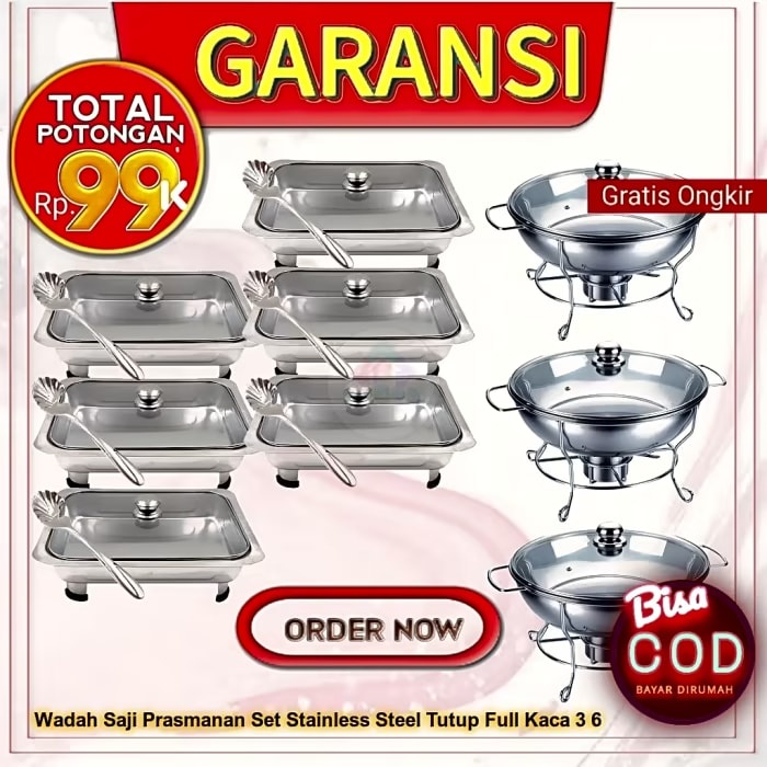 Wadah Saji Prasmanan Set Stainless Steel Tutup Full Kaca 3 6