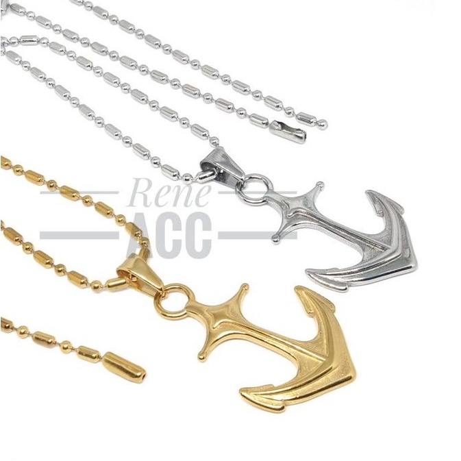 Kalung Titanium Pria Keren Liontin Motif Jangkar Gold Silver 60 cm