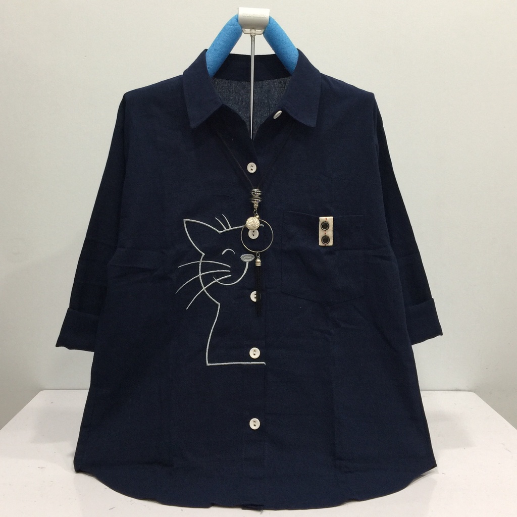 GOLDENBUZZERS B334 ATASAN KEMEJA WANITA KATUN LINEN IMPORT SIZE XL LD 106CM-NAVY