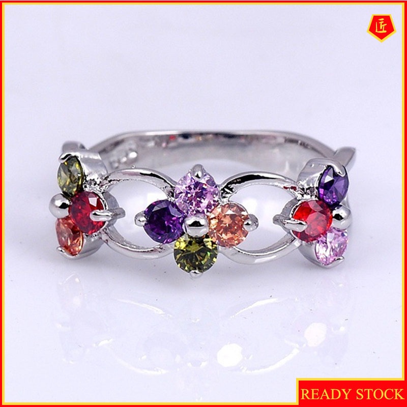 [Ready Stock]Fashion Inlaid Multi-Color Gemstone Flower Ring