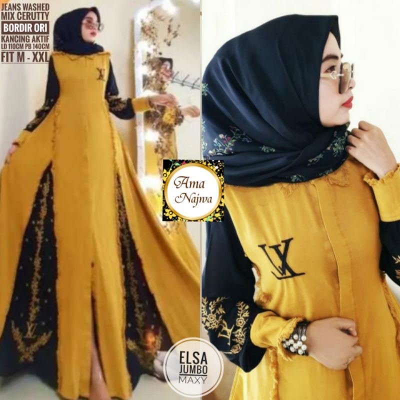 Elsa Yellow Mustard Dress Maxy Gamis Jumbo Jeans Ld 110 Fit XXL Busui Kancing By Amj
