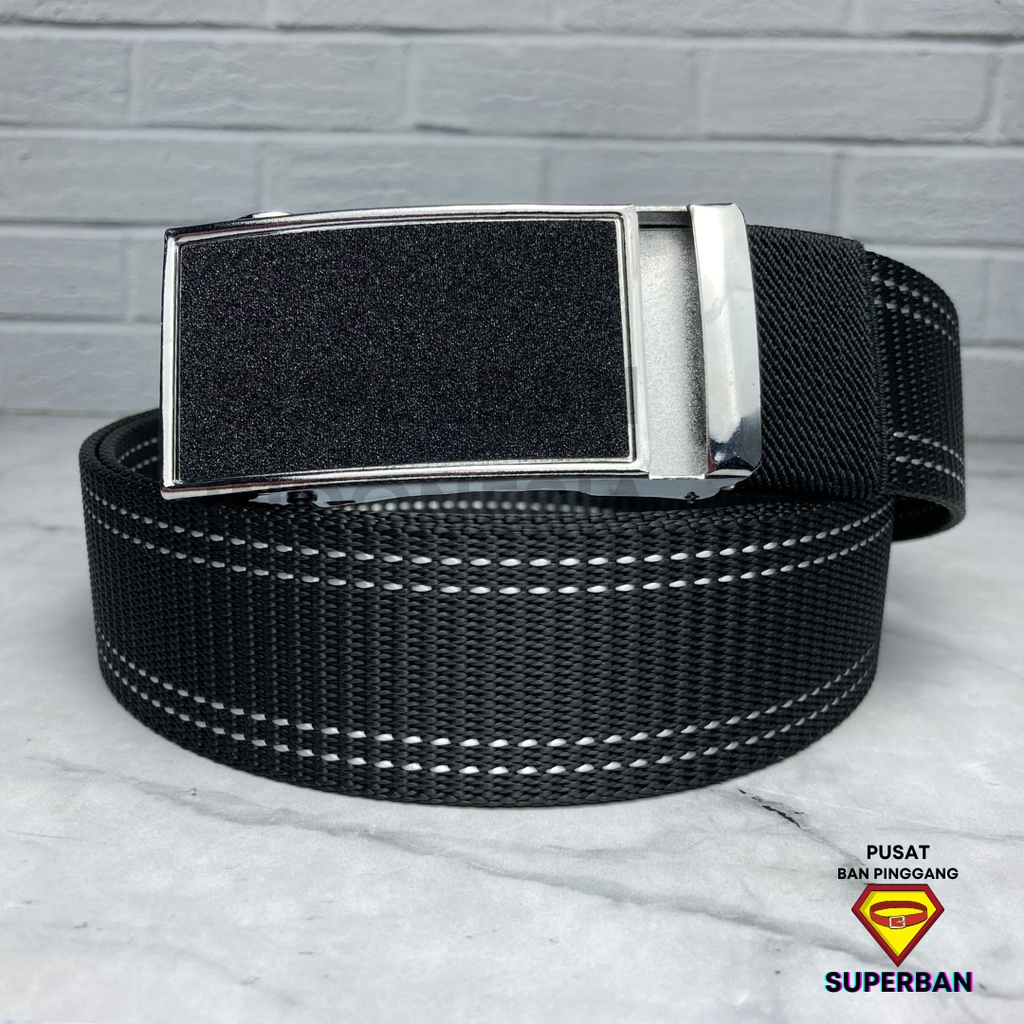 SABUK GESPER FORMAL PREMIUM AUTOMATIC BUCKLE SILVER HITAM LUXURY CANVAS NYLON MOTIF GARIS - SUPERBAN