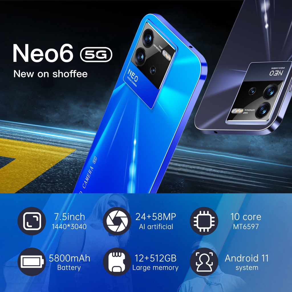 【COD+Pengiriman lokal】Neo6 Pro 5G 7.5Inci Full Screen RAM 12GB ROM 512GB HandPhone Android Handphone Murah Promo Cuci Gudang Kamera HD Google Player Telepon Bluetooth