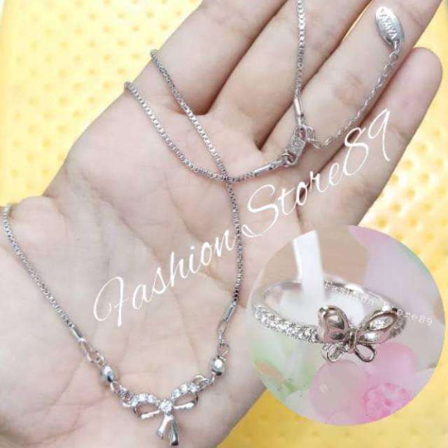 Kalung cincin perhiasan emas putih Xuping model pita cantik elegant