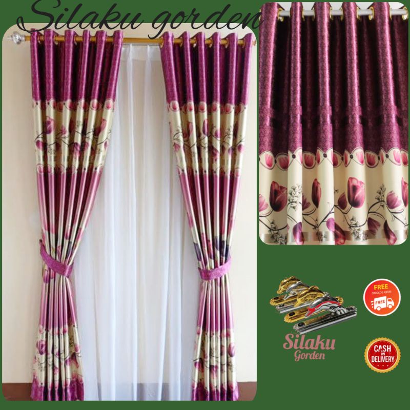 0GORDEN JENDELA KAMAR MINIMALIS GORDEN BLACKOUT MOTIF BUNGA TULIP MODEL SMOKRING 12 RING HIJAU UNGU