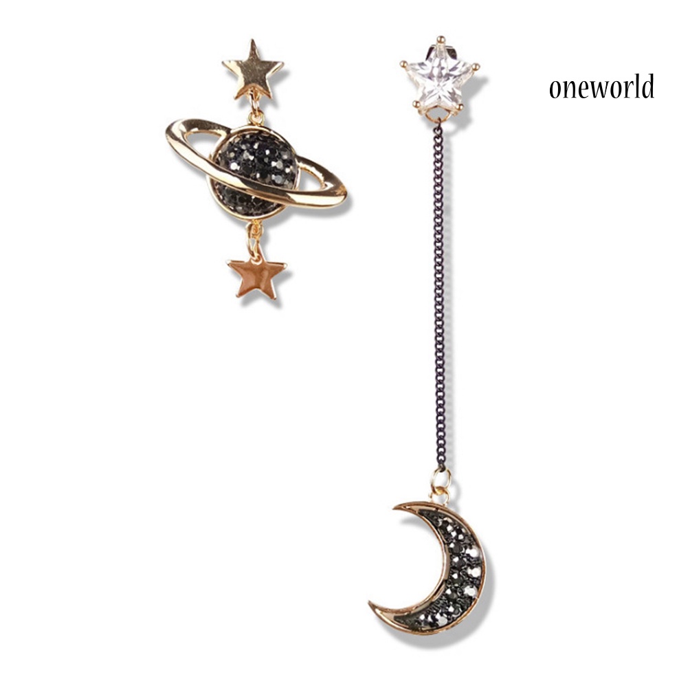 OW@ Asymmetrical Star Moon Planet Rhinestone Inlaid Women Long Dangle Earrings Gift