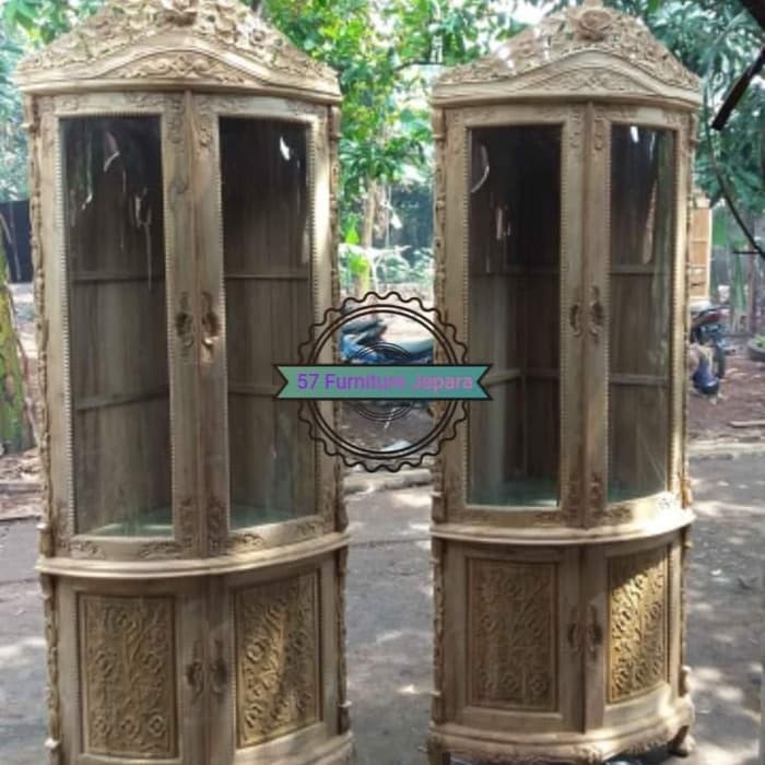 Lemari pojok kayu jati mentahan rak sudut ukir Jepara