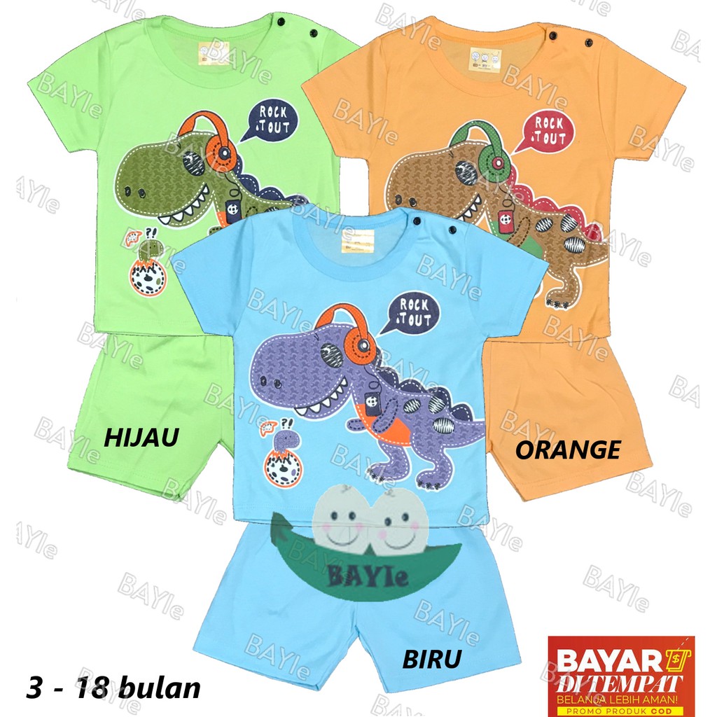 BAYIe - Setelan Kaos Oblong Anak/Bayi Lengan PENDEK Motif DINO ED-RI-CA umur 3 - 18 bulan