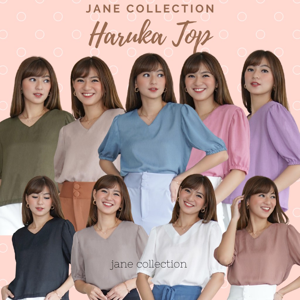 JANE COLLECTION || Atasan Blouse Wanita V Neck Lengan Balon SoftCrinkle Haruka Top Hitam Putih Lilac