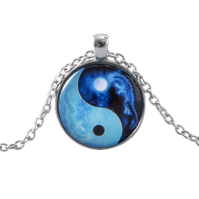 Chinese Feng Shui Bagua Yin Yang Tai Chi Pendant Necklace Flower Butterfly Glass Cabochon Charm Chain Necklace Jewelry|Pendant Necklaces