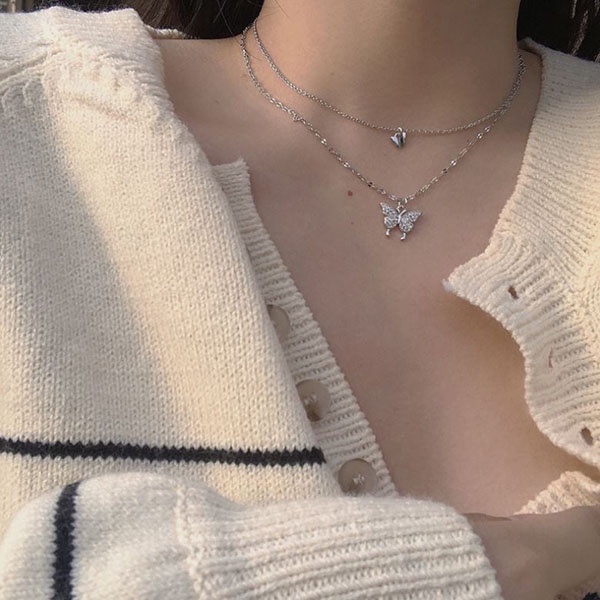 kalung double layer new trendy butterfly multilayer necklace jka222 (3E3)