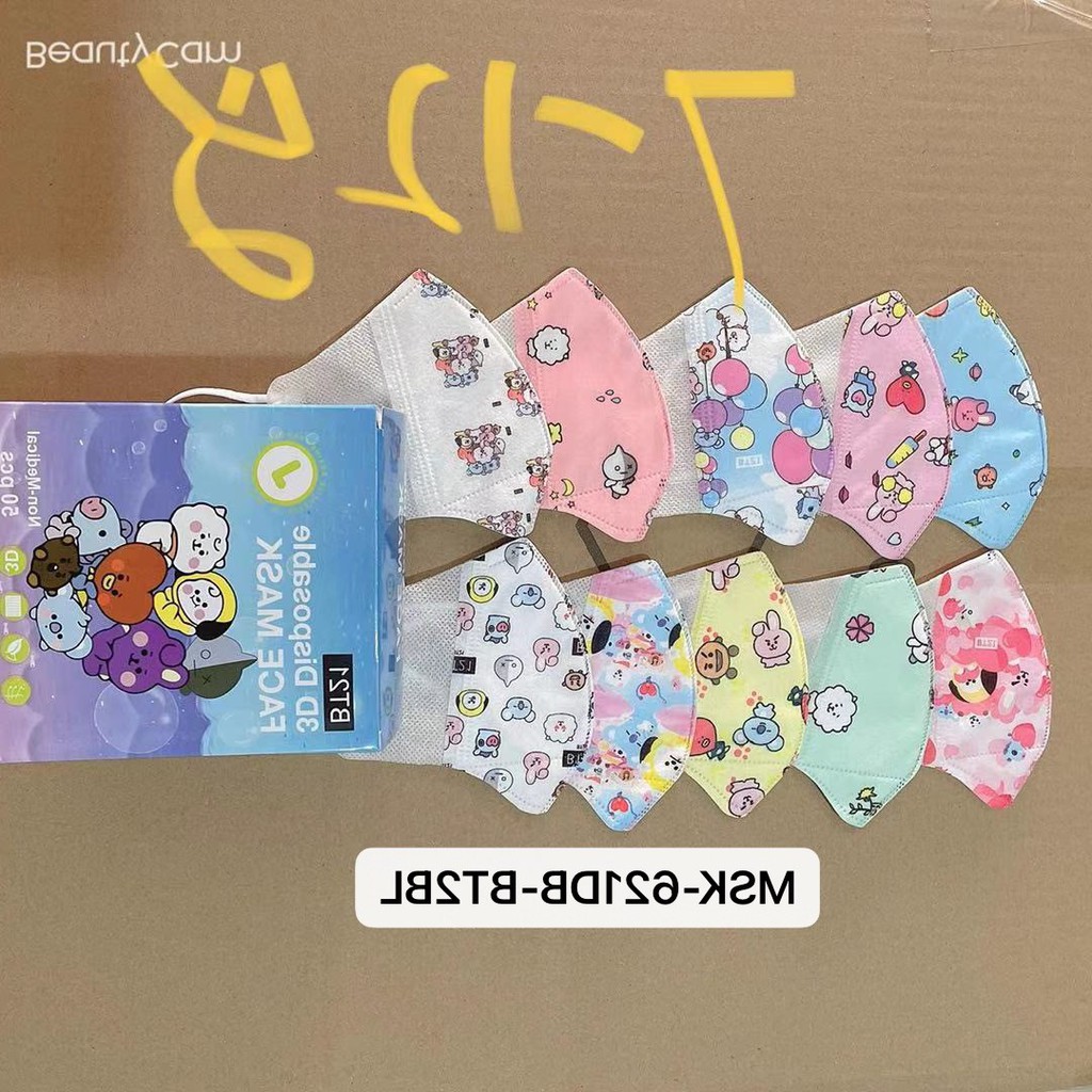 isi 50pcs/Box Masker Duckbill Anak IMPORT BT21 BTS KOREA FASHION DISPOSABLE Fashion MASK